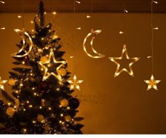 LED Božično novoletna svetlobna zavesa zvezdice+lunce 2,5M Toplo bela